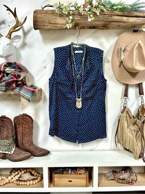 Sleeveless Navy Polka Dot Button-Front Blouse w boho choc macadamia vibe